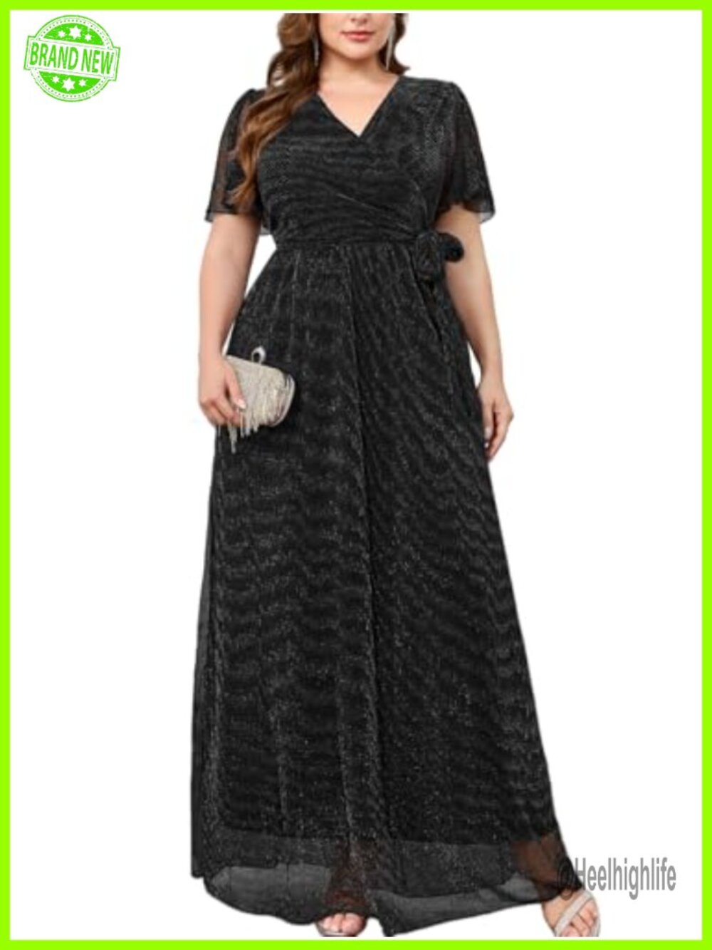 Plus Size Metallic Glitter Maxi Dress V Neck Flutter Sleeve Formal Party Gown